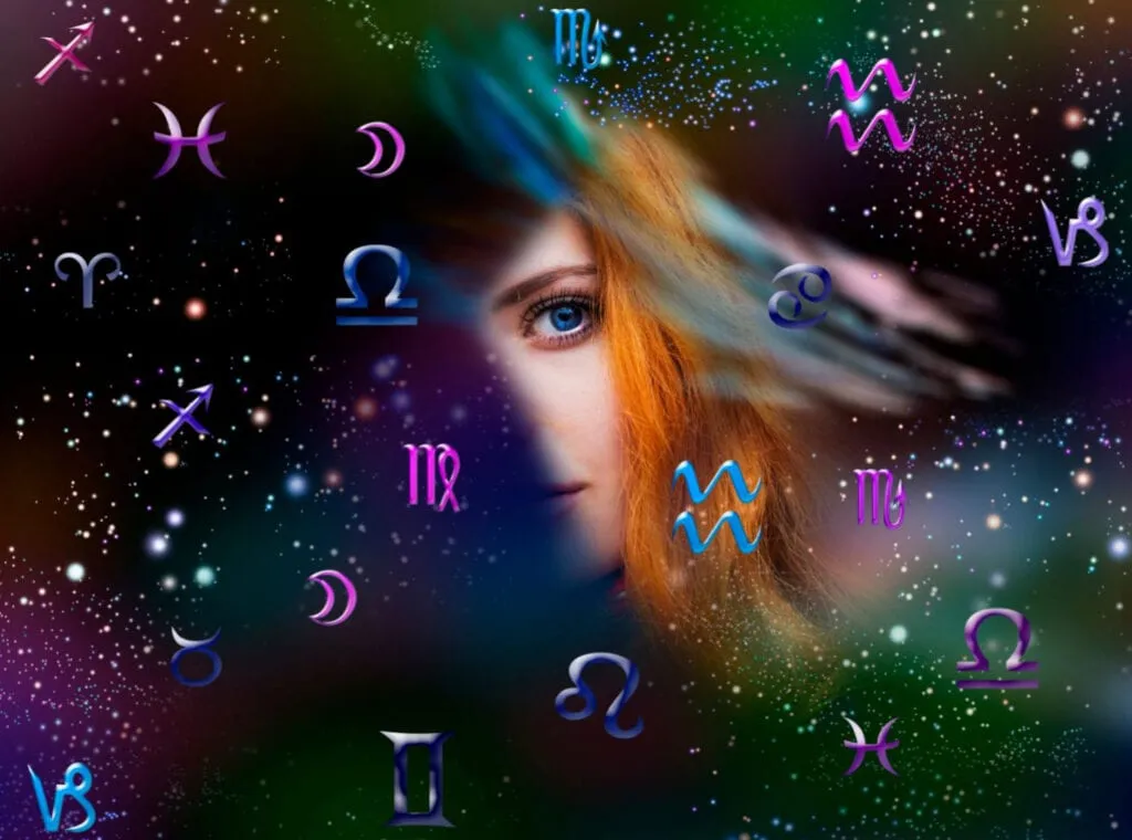 Mulher com símbolos de signos. Imagem ilustrativa para texto o que é ascendente.