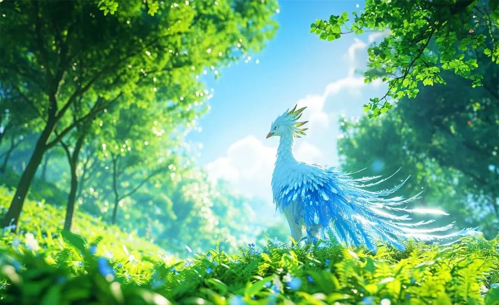 Uma ave estilizada com plumagem azul brilhante em pé num bosque verdejante, iluminado pelos raios do sol.